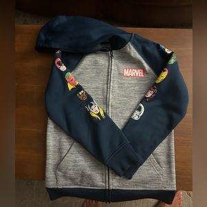 Marvel zip-up hoodie with popular superheroes on the sleeve.Size M.